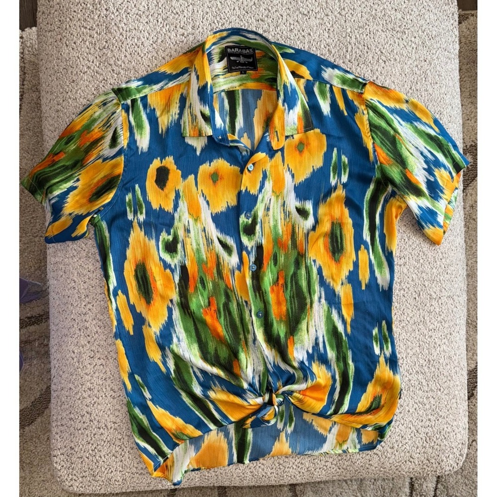 Barabas Womens Ikat Sunflower Print Tie Front Button Down Shirt Blue Yellow L